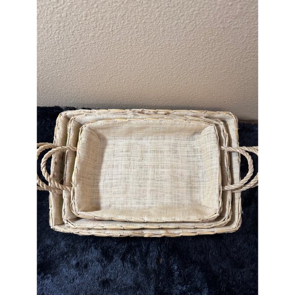 Vintage Woven Decorative Rectangular Nesting Baskets Rustic Mid Century - Picture 2 of 10